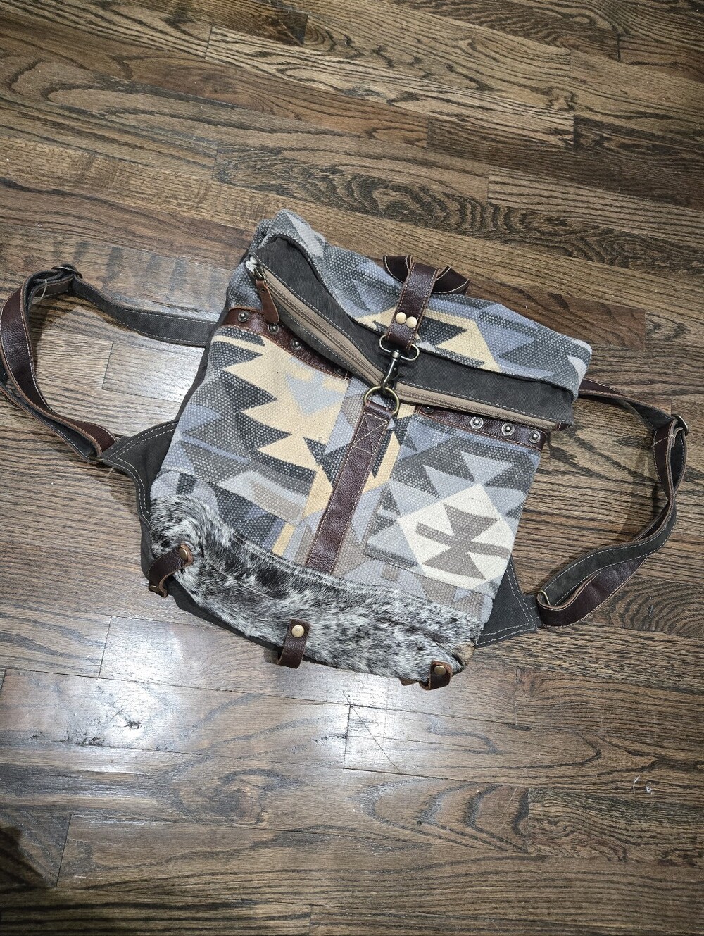 Myra Bag Geometric Aztec Leather Cotton Canvas Backpack Bag